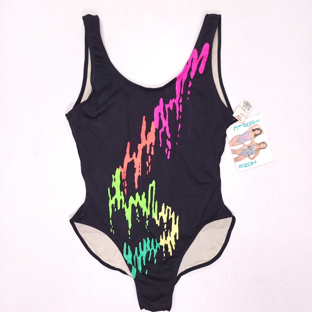Vintage Tropic Zone Neon Paint Drip One Piece Swimsuit Black Size 20/40 NWT 90s